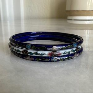 VINTAGE • Cloisonné Floral Bangle Bracelets Asian Handmade 3 Set Bohemian Boho